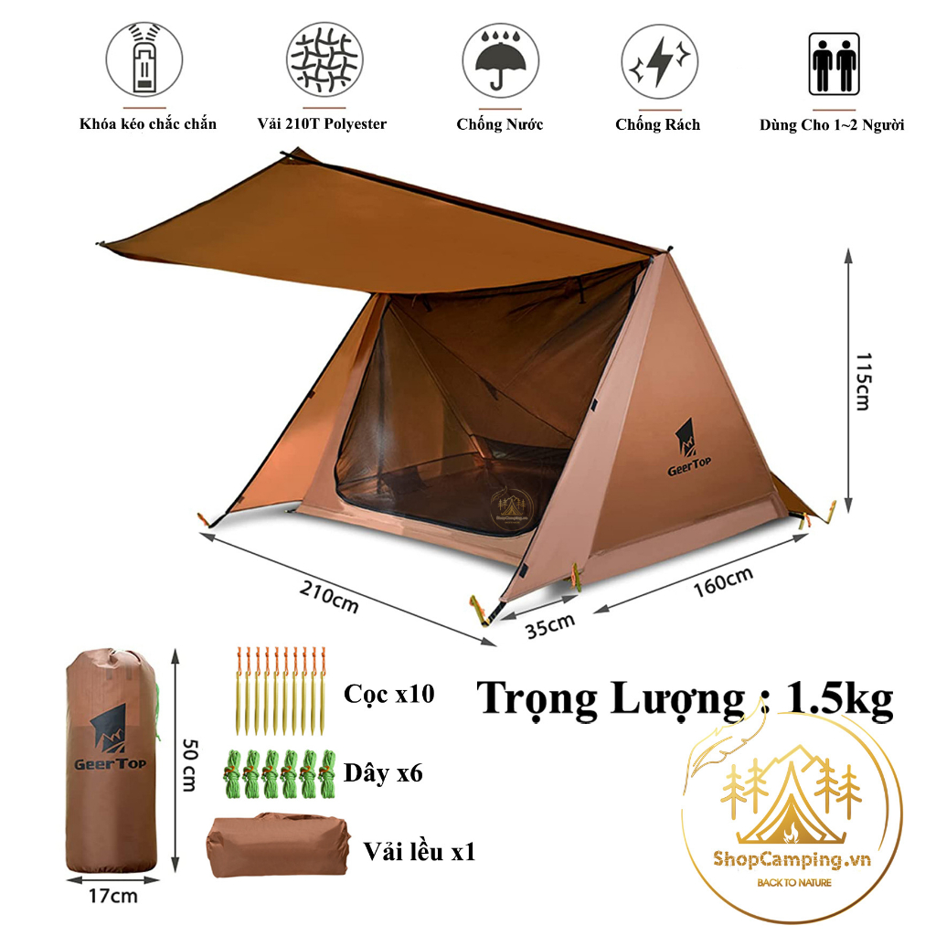 Lều cắm trại Geer Top cho 1-2 người, lều không xương dã ngoại, leo núi, phượt - Camping VietNam