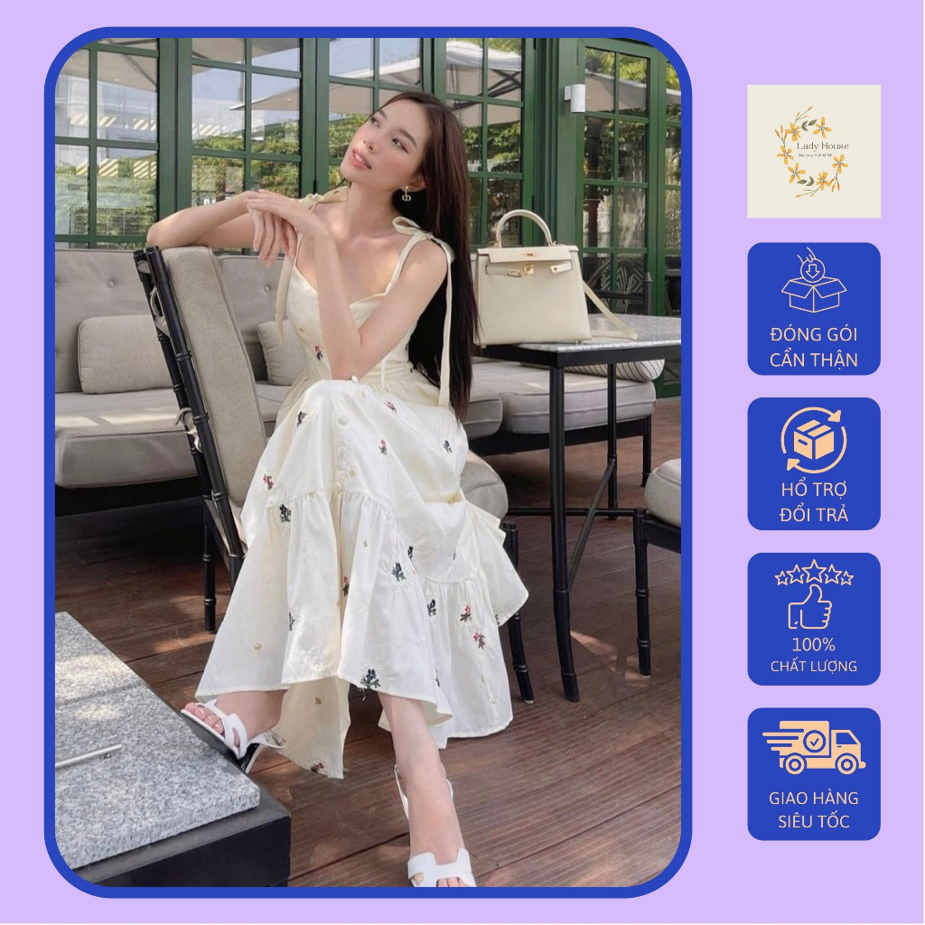 Đầm Midi Thêu Hoa Dáng Dài Siêu Xinh, Váy 2 Dây Cột Nơ Vai Đính Nút Bọc Hàng Thiết Kế 2 Lớp Trẻ Trung Duyên Dáng Cho Nàn