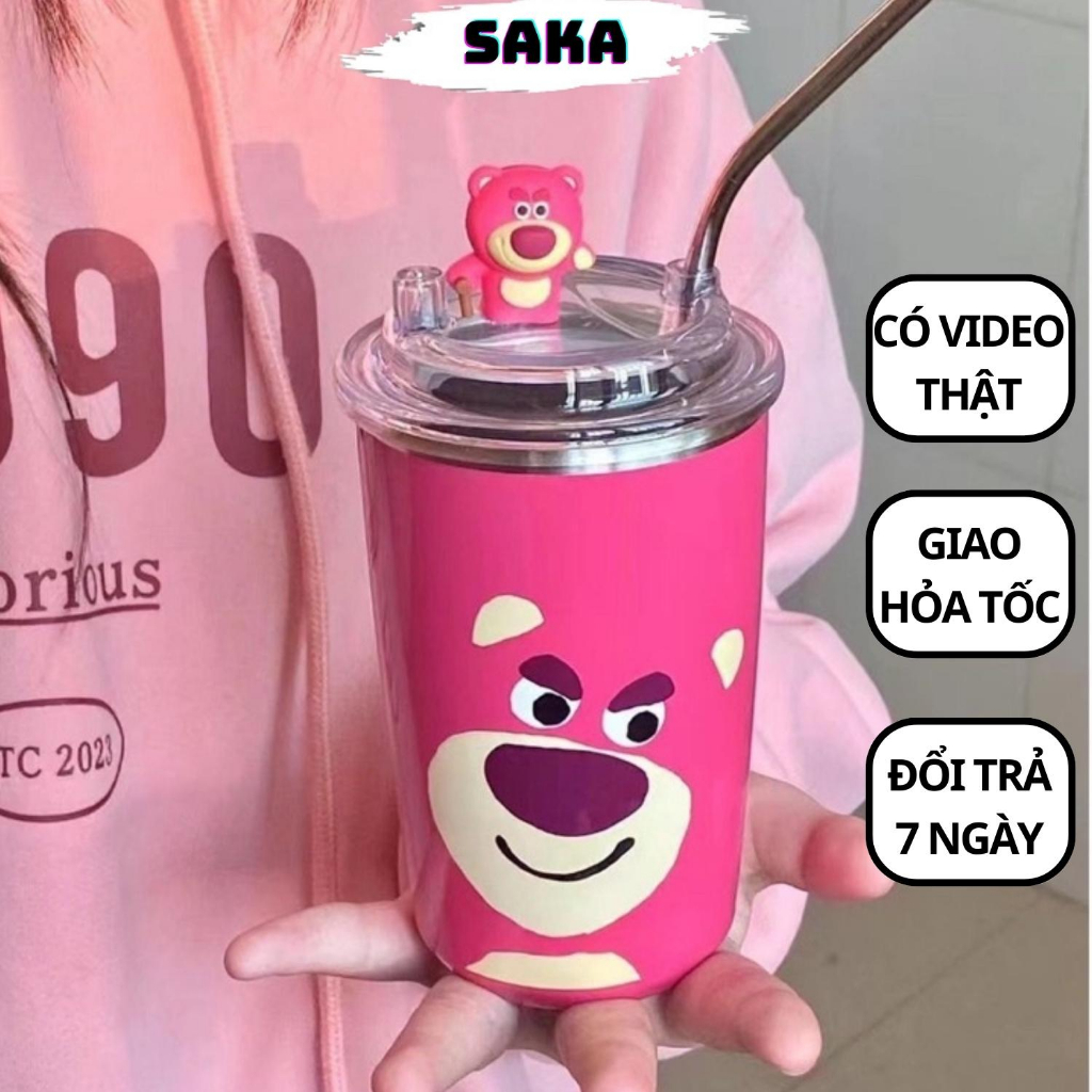 Ly Giữ Nhiệt Gấu Dâu - Cốc, Bình Giữ Nhiệt Gấu Lotso Hồng Kèm Túi Chính Hãng 500ml Giá Rẻ SAKA