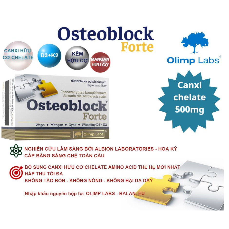 Canxi Chela hữu cơ OSTEOBLOCK Forte - OLIMP LABS xuất sứ Ba Lan hộp 60 viên nén POLIPHARM