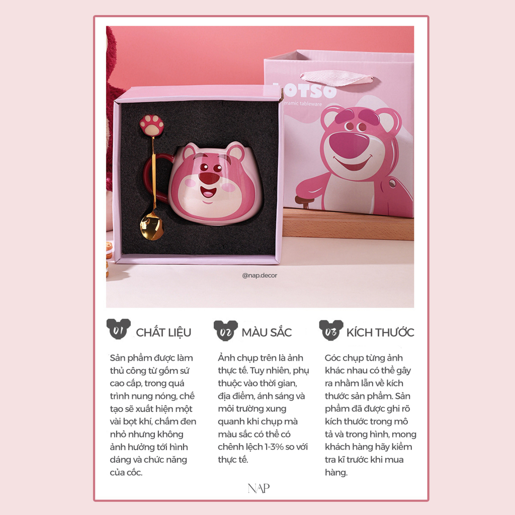 Cốc Gấu Dâu Lotso Dễ Thương Kèm Thìa Và HỘP QUÀ TẶNG CAO CẤP Xinh Xắ,n Cốc Sứ Làm Quà Tặng, Trang Trí