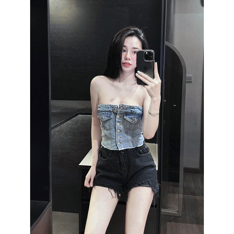 Áo ống, áo quây jean co giãn chun lưng siêu tôn dáng