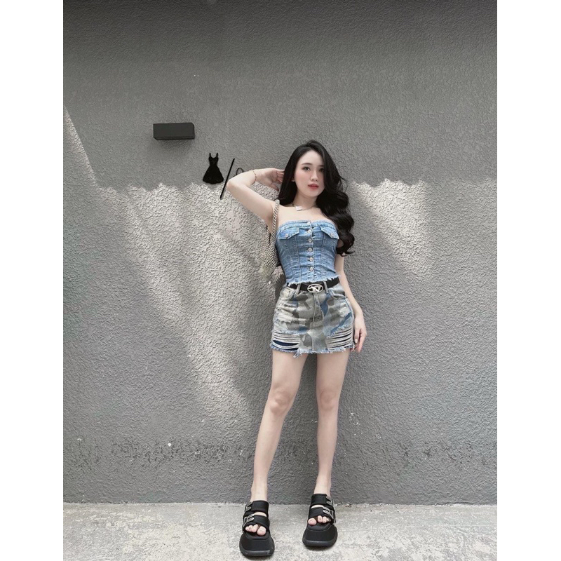 Áo ống, áo quây jean co giãn chun lưng siêu tôn dáng