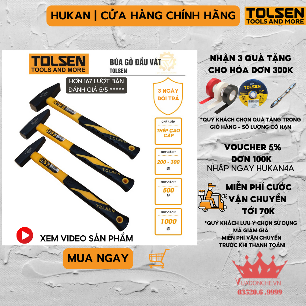 Búa gò đầu vát TOLSEN 25001 25002 25003 có cán nhựa chống trượt dùng tán nhổ đinh kim loại