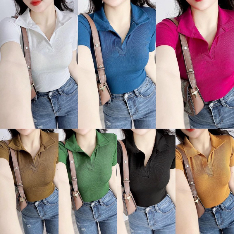 Áo thun Gân QC PôLô ôm body vạt bầu trơn