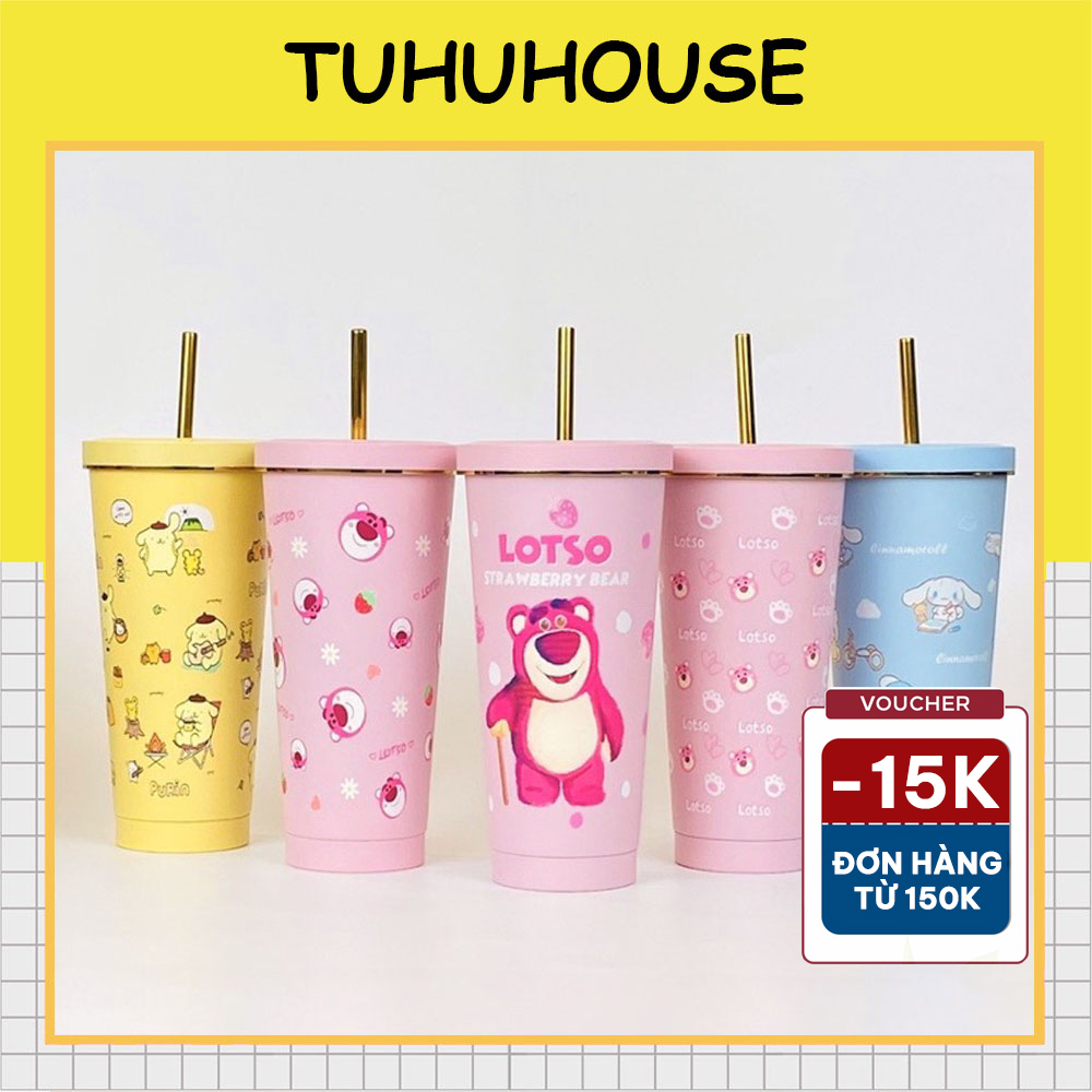 Ly giữ nhiệt gấu dâu Lotso inox 304 750ml cao cấp, cốc giữ nhiệt inox họa tiết dễ thương có ống hút tiện lợi – TUHUHOUSE