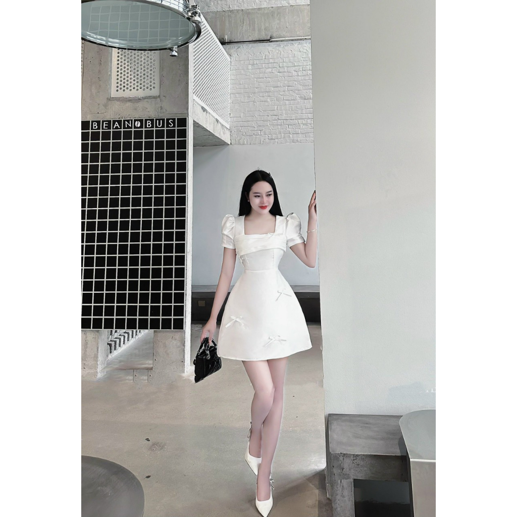 Váy Tacta Cổ Vuông Đính Nơ 3 Màu Siêu XInh