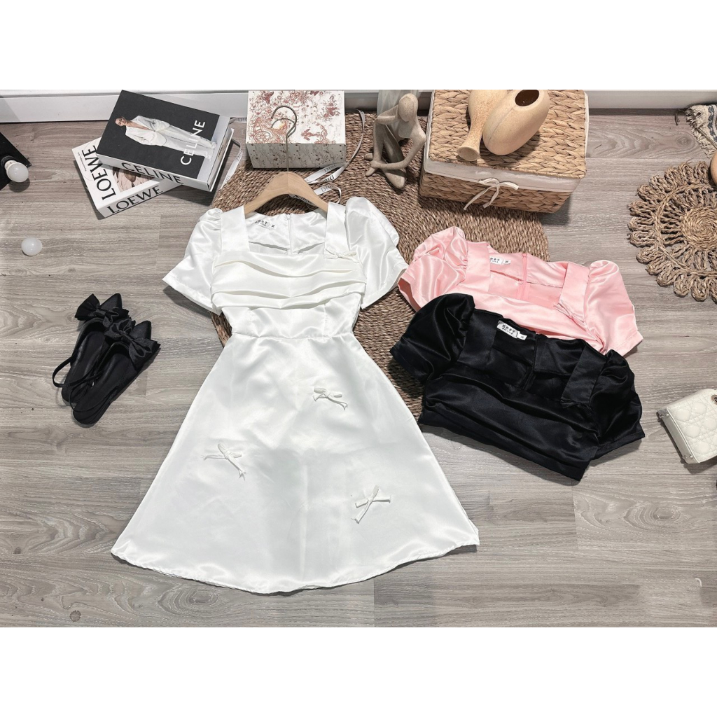 Váy Tacta Cổ Vuông Đính Nơ 3 Màu Siêu XInh