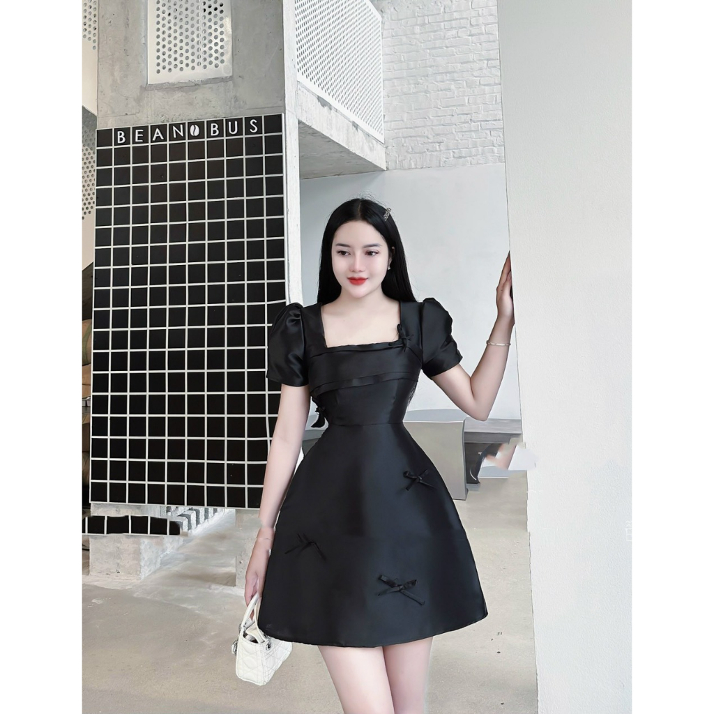 Váy Tacta Cổ Vuông Đính Nơ 3 Màu Siêu XInh
