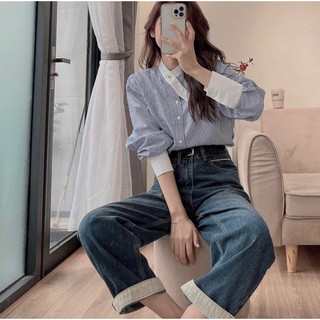 Áo sơ mi kẻ cổ điệu free size tay pha có size dáng basic dễ phối đồ