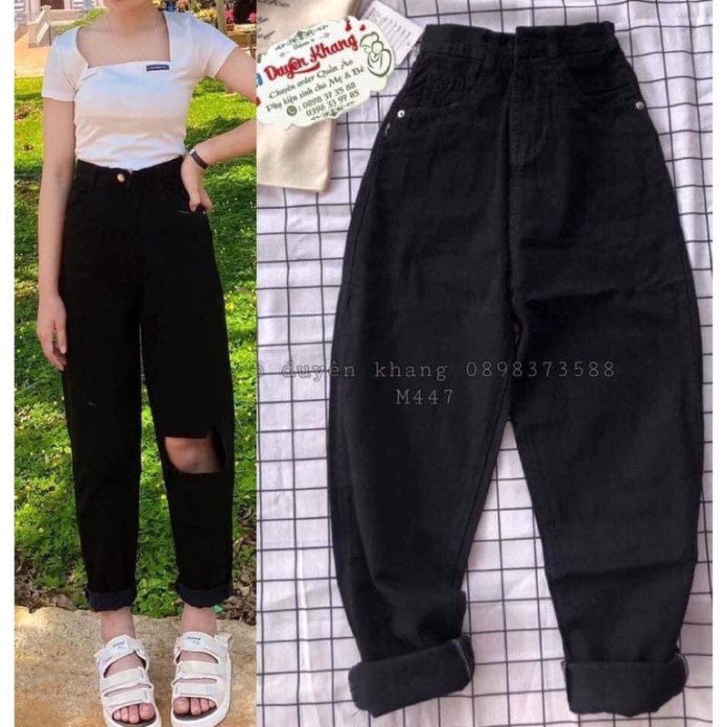 Quần Baggy Đen Trơn+ Rách Thời Trang- Ko Giãn Lưng Cao - Bigsize 58-87kg