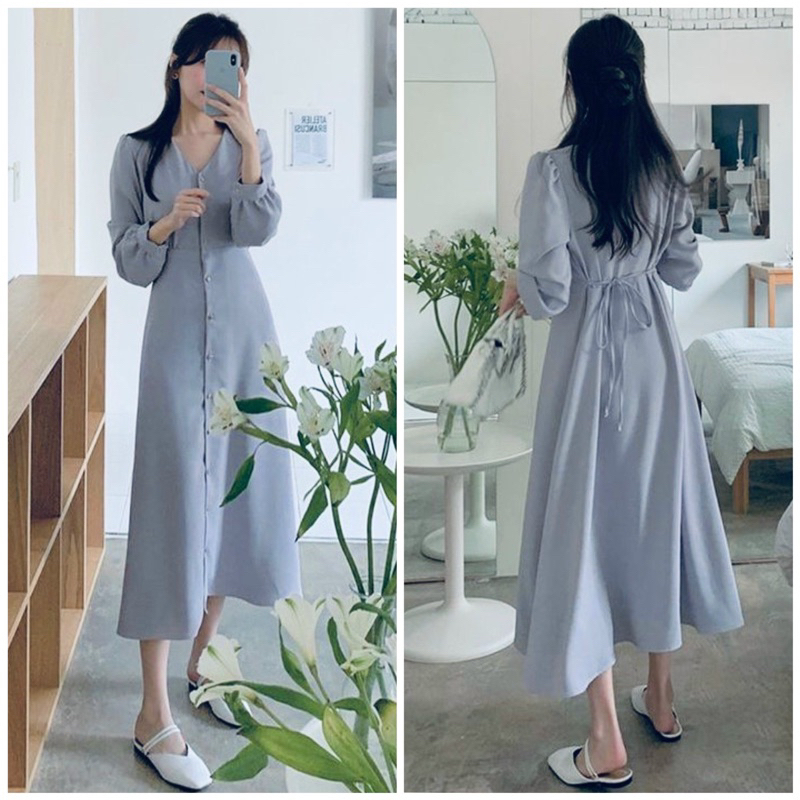 Đầm xám cổ V tay dài nút bọc (kèm hình thật)