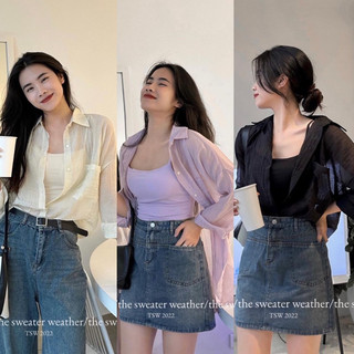 Set áo sơ mi voan mỏng khoác ngoài + Áo croptop 2s trắng mặc trong