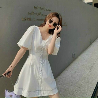 Đầm cổ V viền chỉ 2 màu (kèm hình thật)