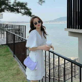 Đầm cổ V viền chỉ 2 màu (kèm hình thật)