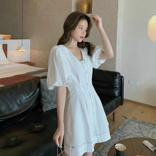 Đầm cổ V viền chỉ 2 màu (kèm hình thật)