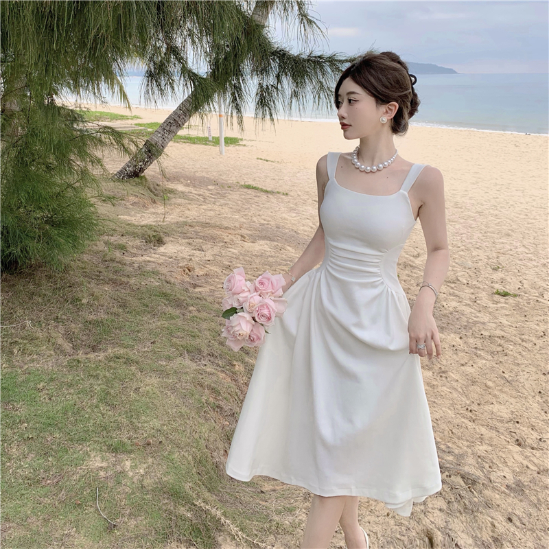Đầm Váy Thiết Kế Hai Dây Bản To Màu Trắng Trơn Dáng Xòe Sang Trọng Hàng Quảng Châu Cao Cấp Mặc Đi Du Lịch,  Dự Tiệc Cưới