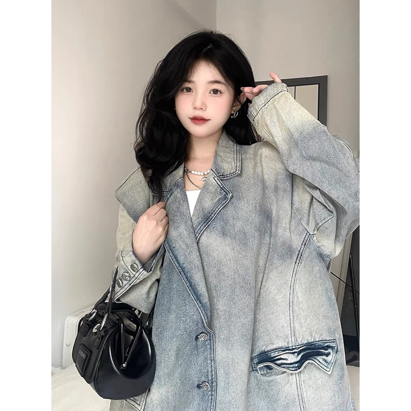 Áo khoác jean denim blazer màu xanh pha loang túi hộp form rộng kiểu dáng basic thời trang nam nữ