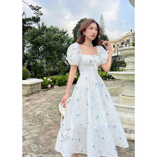 Đầm trắng dài thêu hoa nổi tay phồng Fleur Dress - COQUI