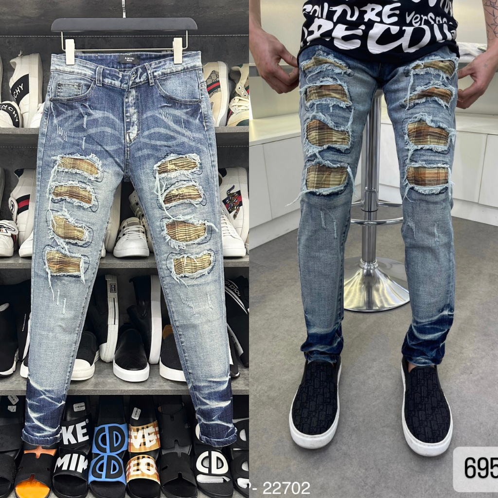 Quần jean bò nam Amiri slimfit xanh khói rách xước dọc đùi vá vải nhăn kẻ sọc nâu ống kẻ sóng QJ213P