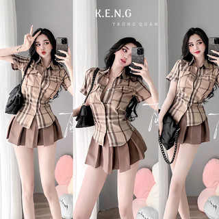 Set áo kẻ caro mix váy xếp ly