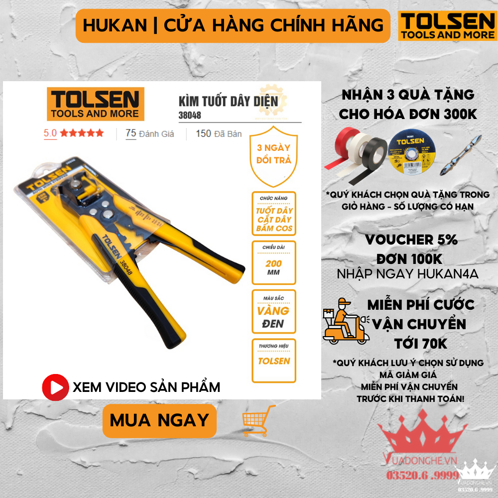 Kìm tuốt dây điện TOLSEN 38048 đen vàng