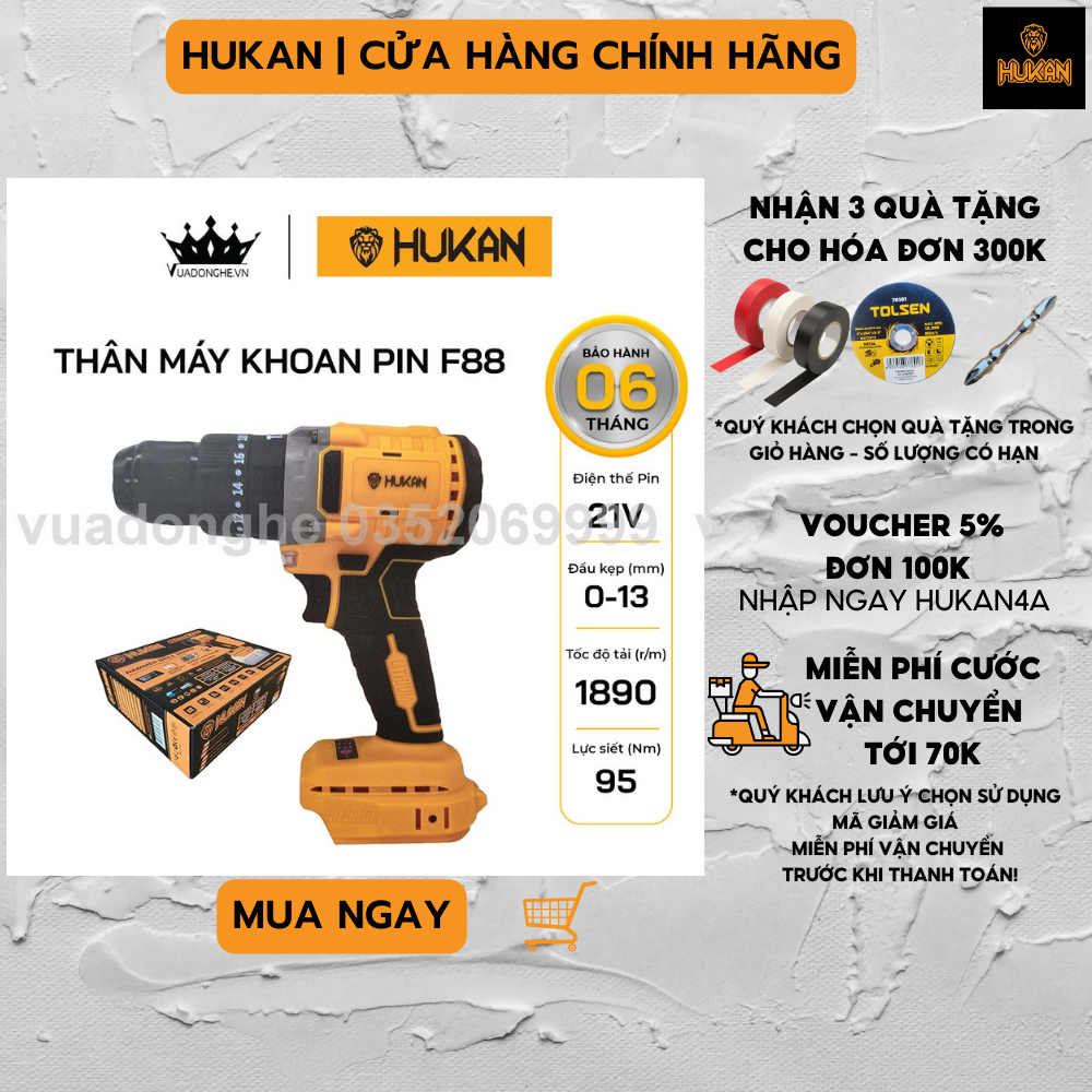 Thân Máy Khoan Pin HUKAN F88 Lực Siết 95Nm, 3 Chức Năng, Đầu Kẹp 13mm