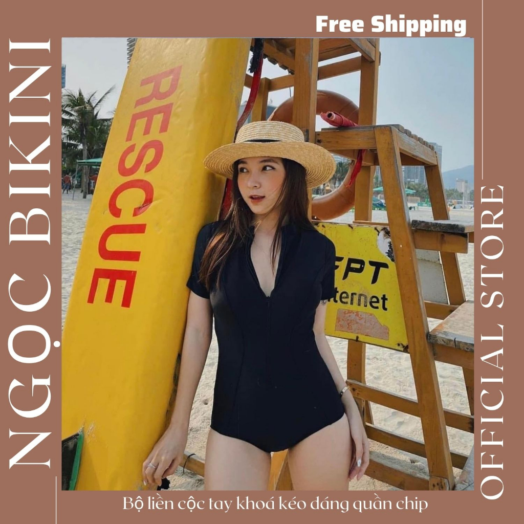 Bộ bikini đồ bơi liền thân cộc tay khoá kéo dáng quần chip sexy