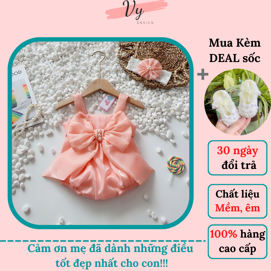 Đầm Đầy Tháng Bé Gái VY DESIGN. Bodysuit Cho Bé Gái Nơ Hồng Kèm Turban. Váy Bé Gái, Váy Sơ Sinh, Body Đầy Tháng