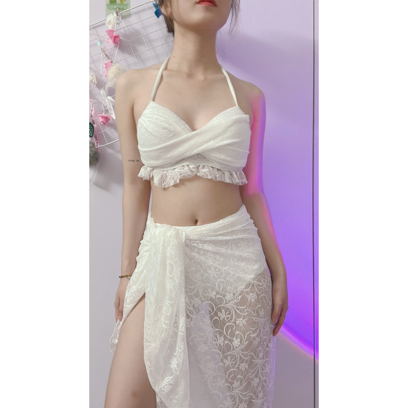 Set bikini ren cao cấp đi biển 2 mảnh 3 món sexy đẹp bộ đồ tắm đồ bơi có quây B21 | BigBuy360 - bigbuy360.vn