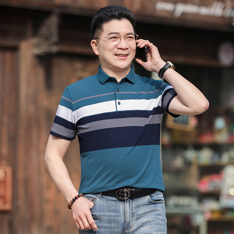 Áo phông nam trung niên kẻ ngang, áo thun nam ngắn tay cho người lớn tuổi
