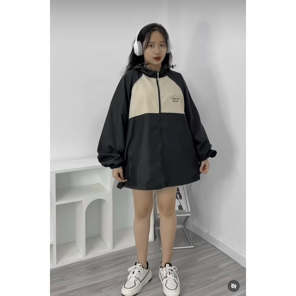 Áo Khoác Dù 2 lớp Nam Nữ Phối Màu Lo Go CAMPINH WHAT Phối Nón có Dây Rút