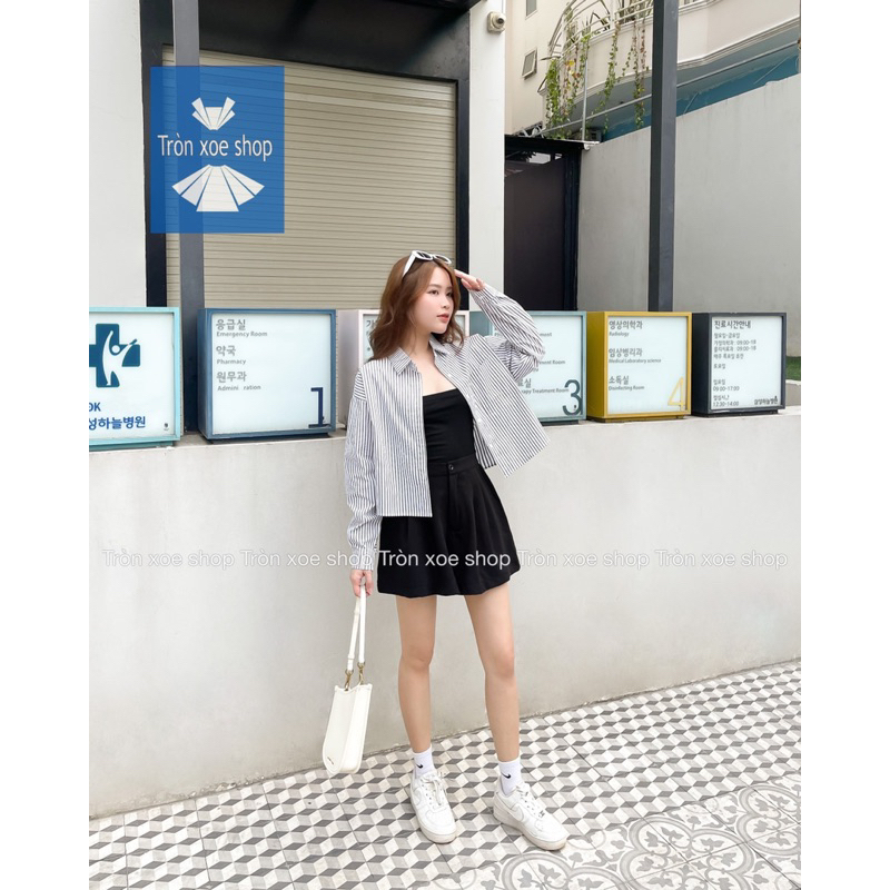 Áo sơ mi kate croptop form rộng tay dài basic chất vải ít nhăn có hình thật Tròn Xoe Shop