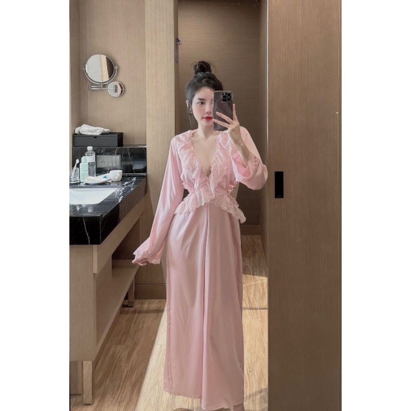 Đầm ngủ sexy Babydoll gợi cảm hở lưng Maxi dáng dài có mút ngực Lụa Latin phối ren Đồ ngủ nữ cao cấp