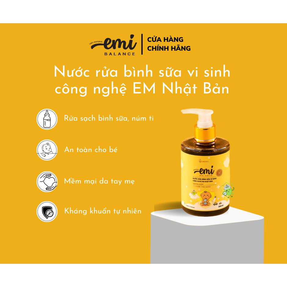 Nước rửa bình sữa EMi Balance công nghệ vi sinh đảm bảo an toàn cho sức khỏe của trẻ dung tích 280ml