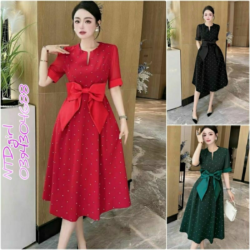 Hàng nhập - Đầm dáng xòe xô lụa cổ tròn xẻ đính nơ, váy xòe chấm bi tay ngắn trẻ trung
