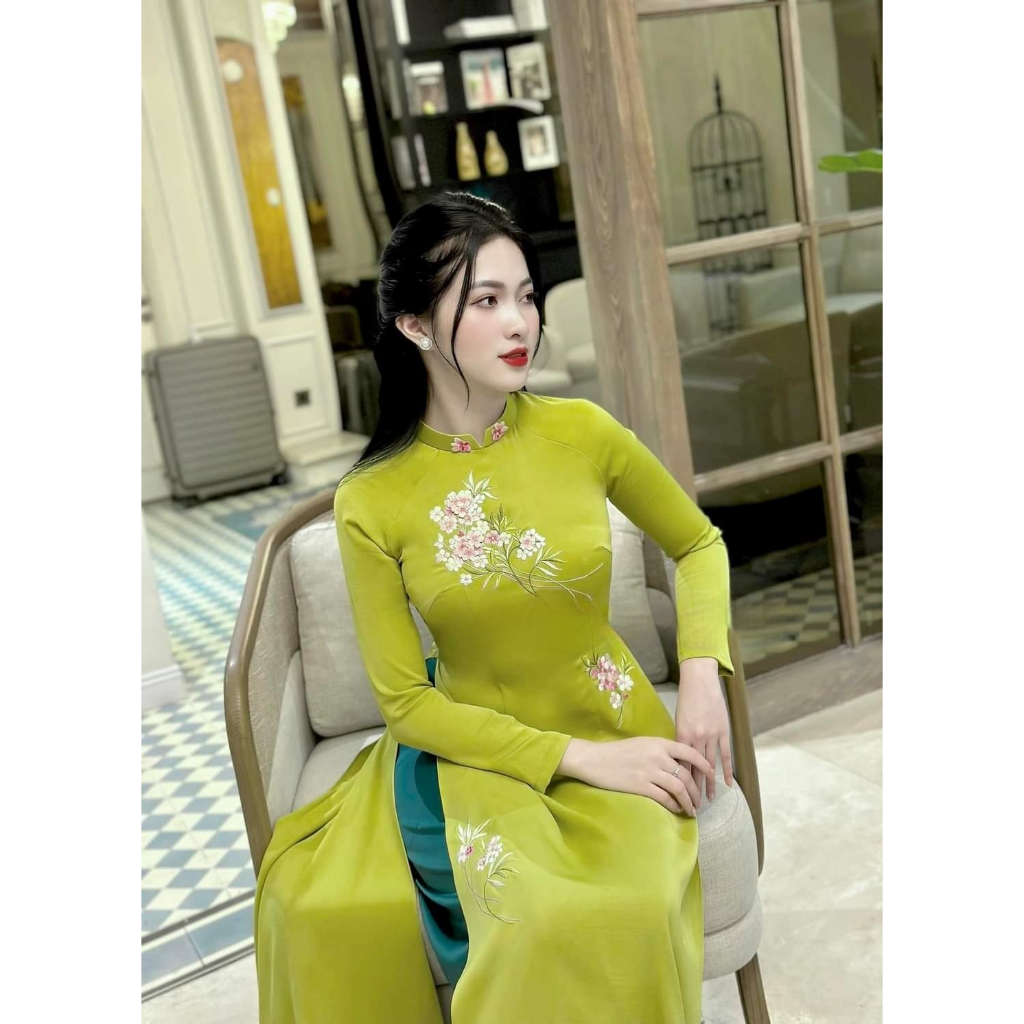 Áo dài lụa thêu hoa màu xanh chất liệu cao cấp - Áo dài TC - AD12