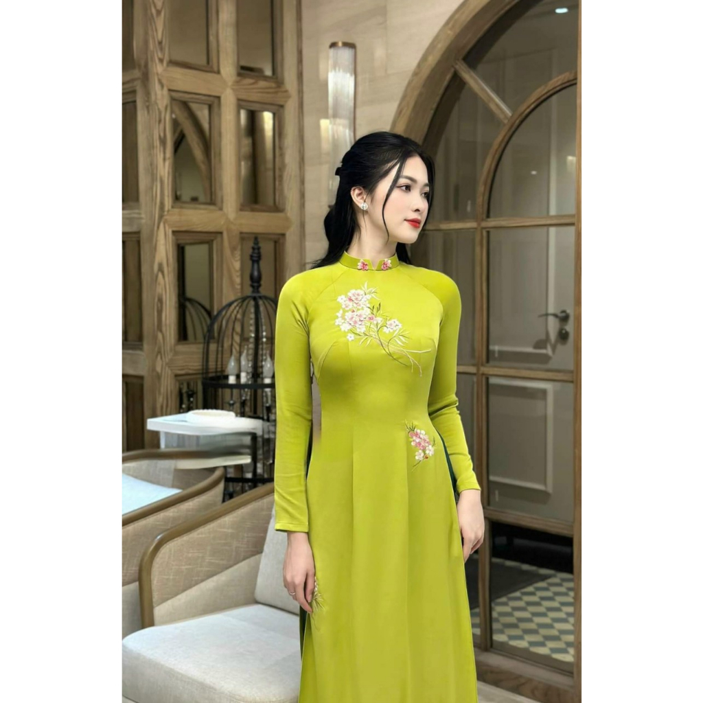 Áo dài lụa thêu hoa màu xanh chất liệu cao cấp - Áo dài TC - AD12