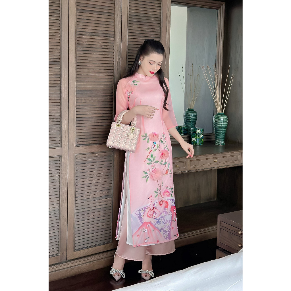 Áo dài cách tân đính kết chất liệu tơ organza cao cấp - Áo dài TC - AD14