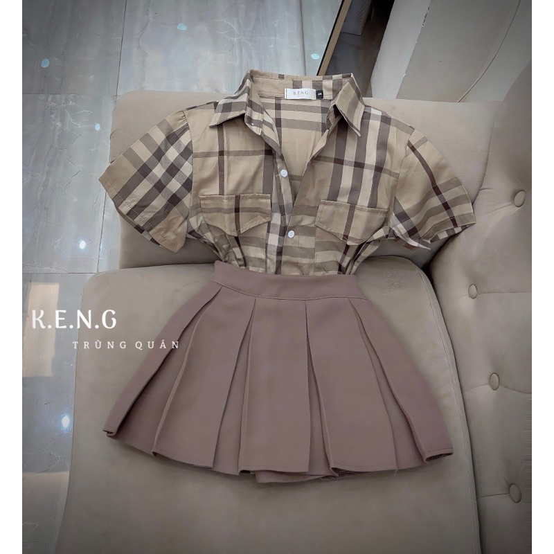 Set váy kẻ học xinh bbr áo sơ mi mix chân váy xếp ly hách dáng