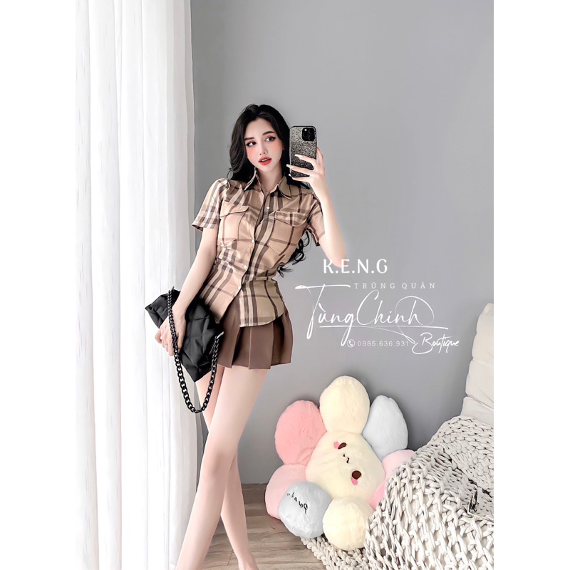 Set váy kẻ học xinh bbr áo sơ mi mix chân váy xếp ly hách dáng