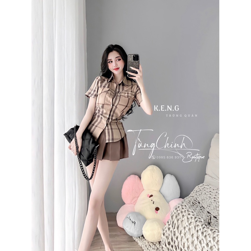 Set váy kẻ học xinh bbr áo sơ mi mix chân váy xếp ly hách dáng