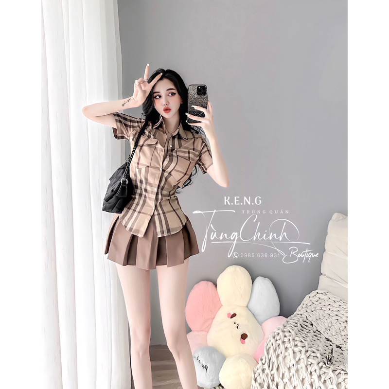 Set váy kẻ học xinh bbr áo sơ mi mix chân váy xếp ly hách dáng
