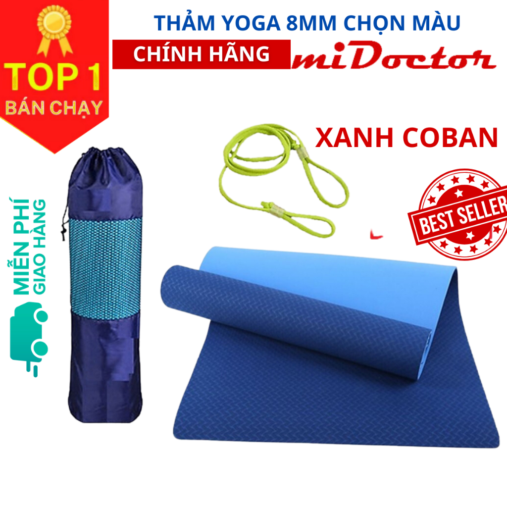 Thảm tập yoga chính hãng miDoctor 6mm - 8mm chất liệu TPE - màu xanh coban - chống trượt, đàn hồi cao