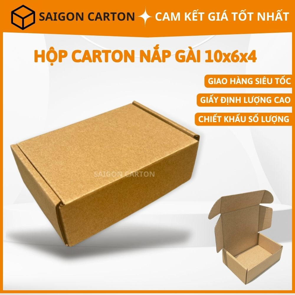 Hộp carton nắp gài đóng gói hàng online 10x6x4 cm , sản xuất bởi SÀI GÒN CARTON