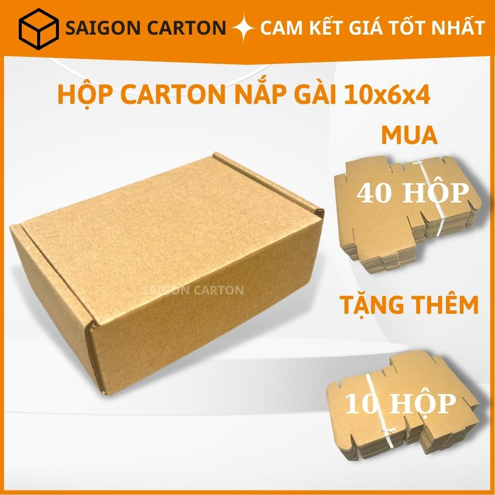 Thùng giấy carton nắp gài đóng gói hàng online ship COD size 10x6x4 cm mua 40 tặng 10 hộp, sản xuất bởi SÀI GÒN CARTON