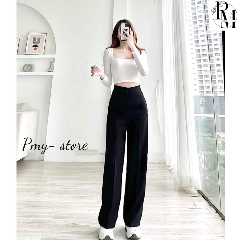 Quần ống rộng cạp cao,lưng cao cúc trước #MO1