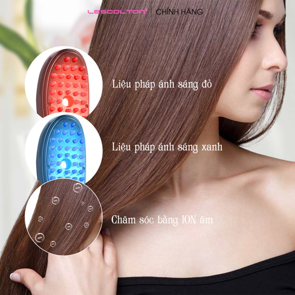 Lược điện chải tóc massage đầu Lescolton phun sương ion đỏ và xanh 3 tốc độ giúp chải thẳng lưu thông máu giảm rụng tóc