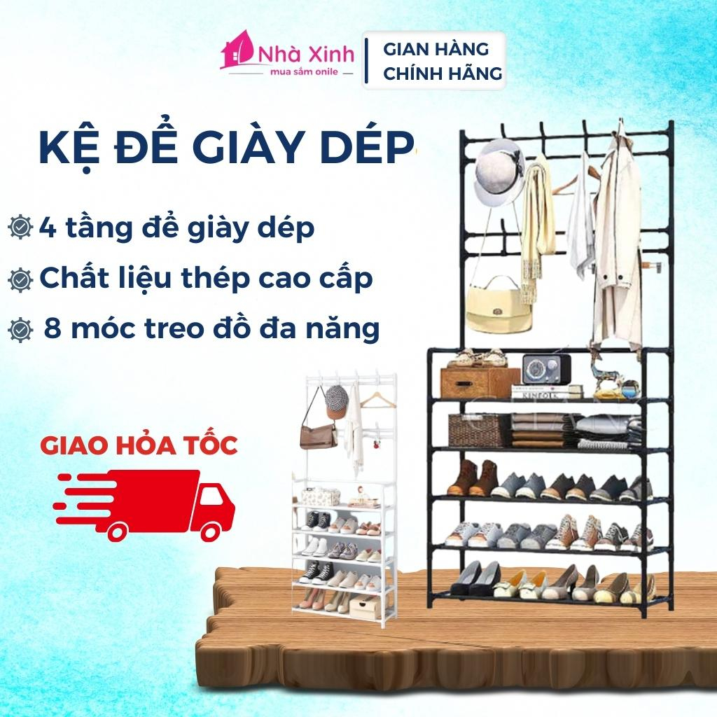 Kệ để giày dép giá để đồ thông minh, treo đồ đa năng chữ L lắp ghép 4 tầng, có móc treo chất liệu thép chịu lực tốt