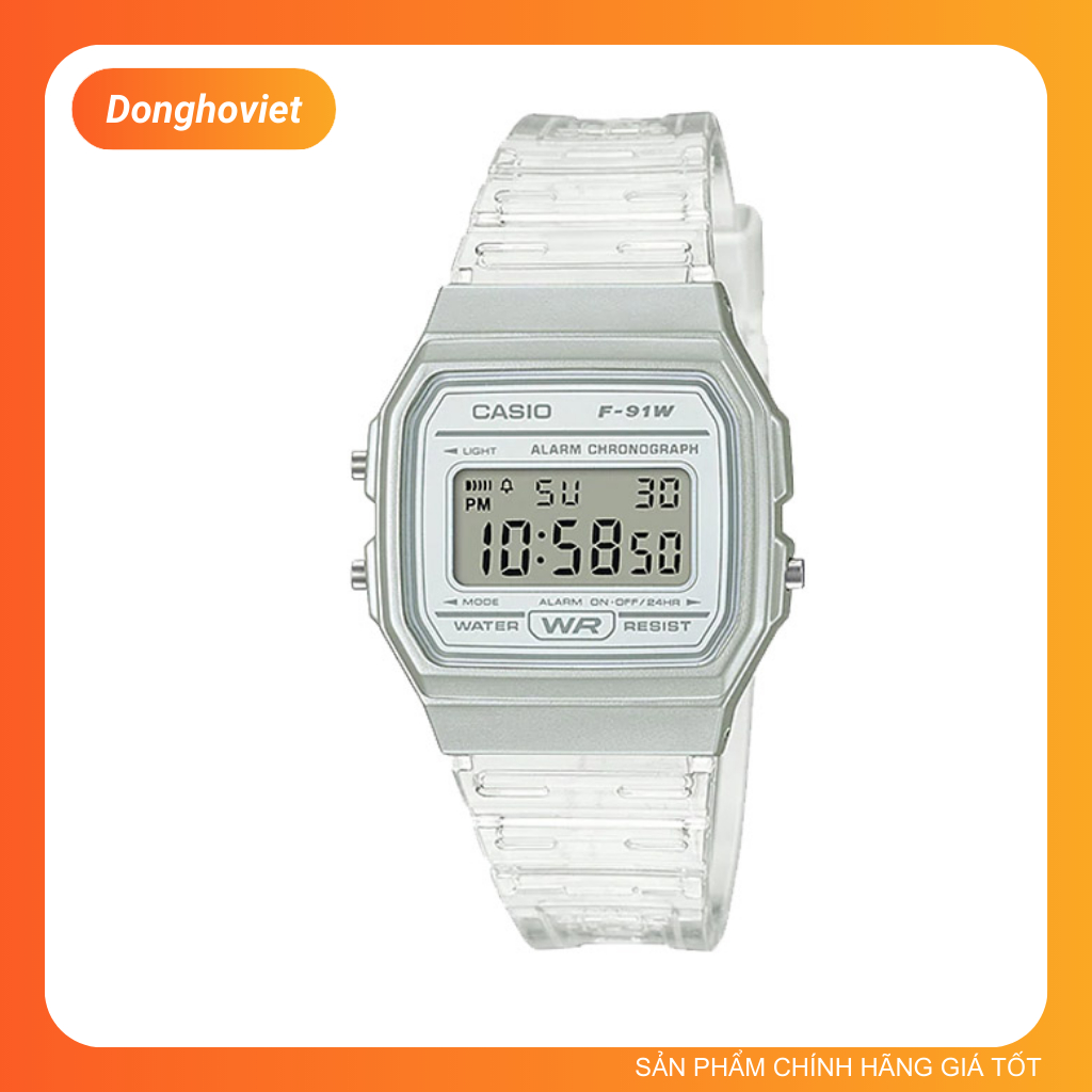 Đồng Hồ Nam Nữ Unisex Casio Chính Hãng F-91WS-7DF Dây Nhựa Trong | Mặt Vuông | Chống Nước | [DHV - Donghoviet]